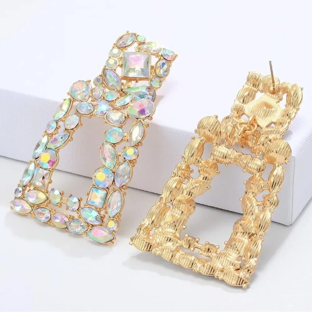 Yellow Gold with Iridescent AB Crystal Geometric Rectangle Post Back Earrings